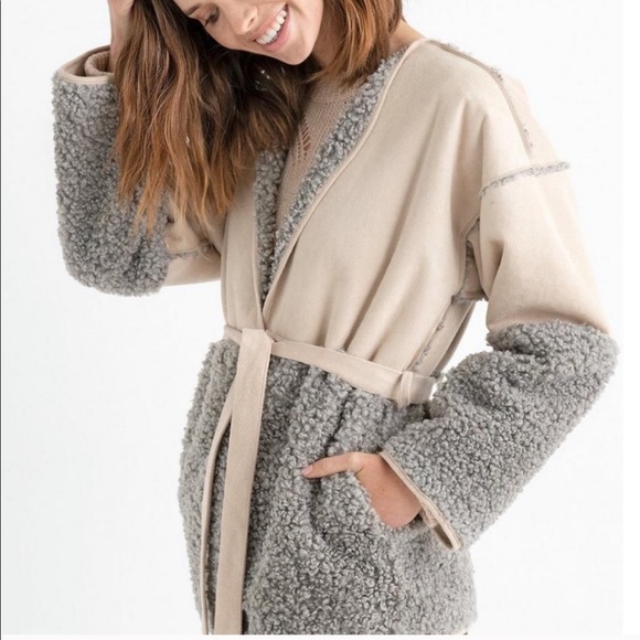 Lucky Brand Nude and Gray Suede Sherpa Jacket - Picture 1 of 8
